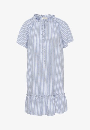 Svītraina kleita gaiši zilā un baltā krāsā, izgatavota no mīksta auduma. Tam ir savelkama apkakle, īsas piedurknes un frillēts apakšmalas dizains.