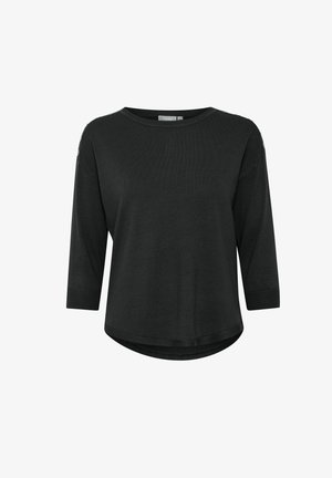 Fekete, hosszú ujjú felső, laza szabással, kerek nyakkivágással és bordázott mandzsettákkal. Könnyű anyagból készült, enyhén ívelt alsó széllel.