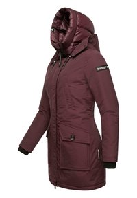 Maroon padded parka with an oversized hood, zipper toggle, two front pockets, elastic cuffs, and branding on the shoulder. Smooth texture.