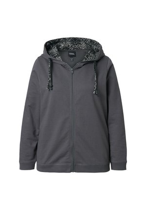 Sudadera gris con cremallera y forro de rayas en blanco y negro en la capucha. Presenta cordones ajustables y puños acanalados en las mangas y el dobladillo.