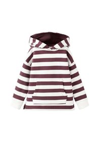 Bordovo-bílá proužkovaná mikina s kapucí, přední kapsou, stahovací šňůrkou a žebrovanými manžetami. Vyrobena z měkké látky s volným střihem.
