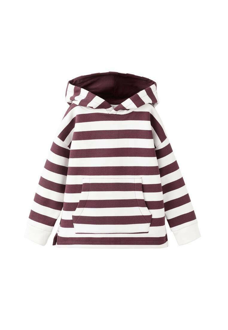 Bordovo-bílá proužkovaná mikina s kapucí, přední kapsou, stahovací šňůrkou a žebrovanými manžetami. Vyrobena z měkké látky s volným střihem.