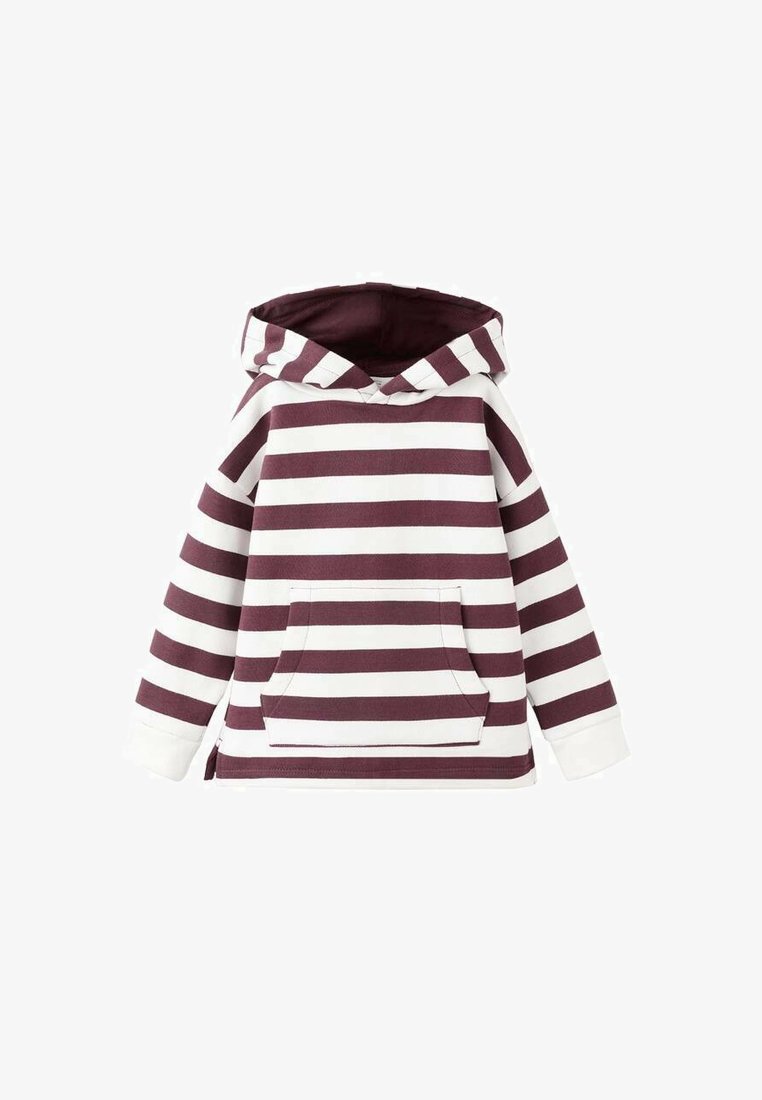 Bordovo-bílá proužkovaná mikina s kapucí, přední kapsou, stahovací šňůrkou a žebrovanými manžetami. Vyrobena z měkké látky s volným střihem.