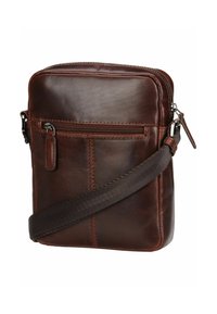 Borsa a tracolla in pelle marrone con compartimento principale con zip, tasca frontale e tracolla in tessuto testurizzato. Finitura liscia e linee pulite.