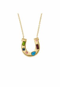 Goldene Halskette in Form eines Hufeisens mit mehrfarbigen Edelsteinen: grüne, blaue, rote, rosa und lila Akzente. Kettendesign mit Gliedern.