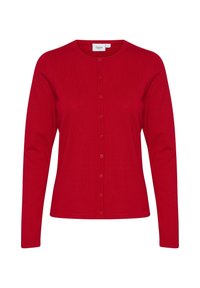 Cardigan rouge en tissu tricoté, avec un col rond, des manches longues et un devant boutonné avec des boutons assortis.