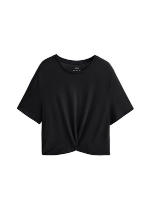 Tricou scurt negru cu mânecă scurtă, cu decolteu rotund și detaliu cu nod răsucit în față.