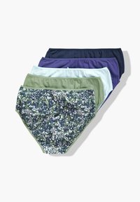 Cinque paia di mutandine da donna in vari colori: blu navy, viola, turchese, oliva e una stampa floreale su sfondo scuro. Tessuto morbido, bande elastiche in vita.