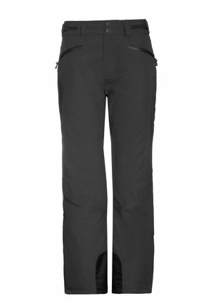 Juodi neperšlampami kelnės su tiesiomis kojomis, dviem užtrauktuku uždaromomis kišenėmis, sustiprintomis apatinėmis kojomis ir reguliuojamu juosmeniu.