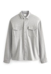 Camicia grigia a maniche lunghe realizzata in tessuto testurizzato, con chiusura a bottoni, due tasche sul petto e un design classico del collo.