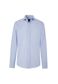 Blauw-wit gestreepte overhemd met lange mouwen en een button-down kraag, met een gebogen zoom en knopen aan de voorkant. Gemaakt van katoen.
