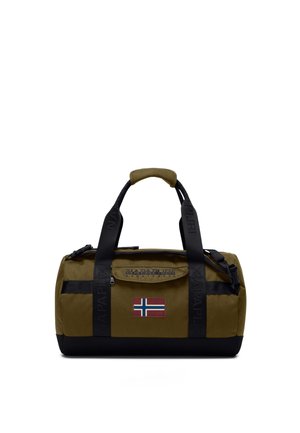 Borsa da viaggio verde oliva e nera con manici neri, tasca frontale con cerniera e toppa con bandiera norvegese sul pannello frontale.