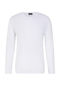 Langärmliges, weißes T-Shirt aus leichtem Stoff; hat einen Rundhalsausschnitt, eine glatte Textur und einen geraden Schnitt am Saum ohne Muster oder Akzente.