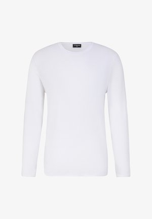 Maglietta a maniche lunghe bianca realizzata in tessuto leggero; presenta un colletto rotondo, una texture liscia e un taglio dritto all'orlo senza motivi o accenti.