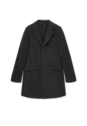 Dark gray wool blend coat with a textured pattern, notch lapels, two front pockets, and button closures. Tailored fit and long sleeves.