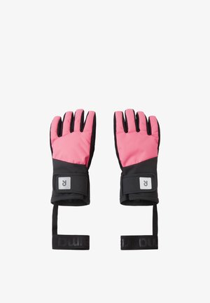 Różowe i czarne ocieplane rękawice z teksturowaną powierzchnią, regulowanym paskiem na nadgarstku i naszywką z logo na mankiecie. Odpowiednie na zimne dni.
