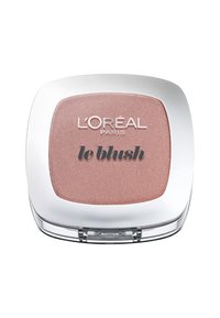 Blush L'Oréal Paris in un compatto rettangolare argento, caratterizzato da una tonalità di rosa morbido con un leggero luccichio. L'etichetta recita "le blush". Base trasparente.