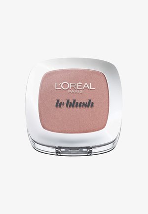 L'Oréal Paris blush in a rectangular silver compact featuring a soft pink shade with a subtle shimmer. Label reads "le blush." Clear base.