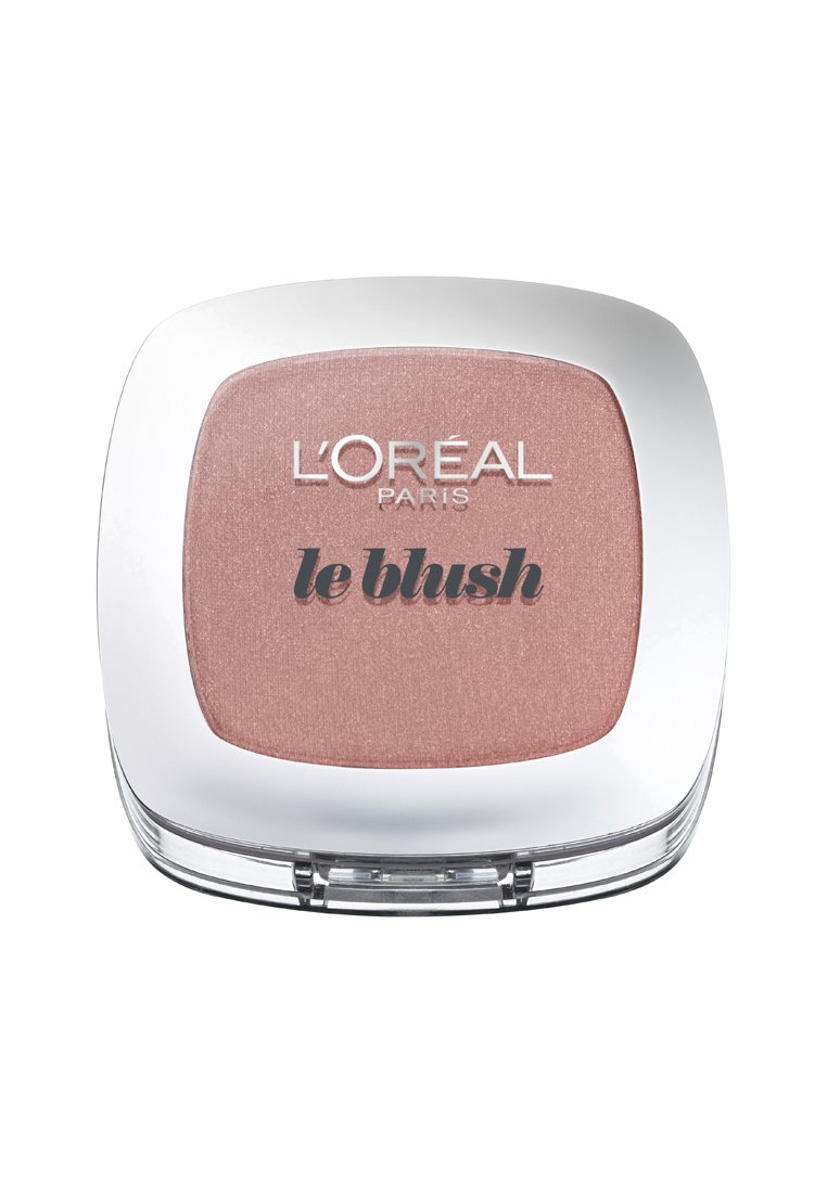 Blush L'Oréal Paris in un compatto rettangolare argento, caratterizzato da una tonalità di rosa morbido con un leggero luccichio. L'etichetta recita "le blush". Base trasparente.