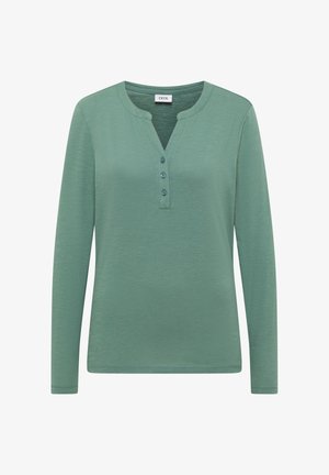 Langarm, henley-stijl top in gedimd groen. Voorzien van een ronde halslijn, een drieknops-sluiting en een zachte, gestructureerde stof.