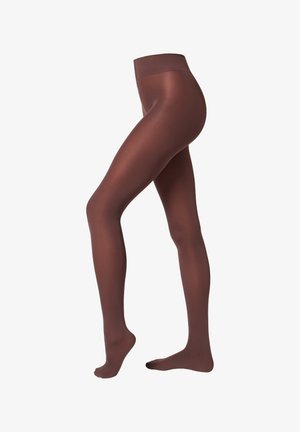 Tights opacos marrones con una textura suave, cintura alta y un diseño ajustado, que se extienden del pie a la cintura.