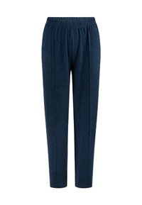 Pantaloni tailored blu navy realizzati in tessuto testurizzato con vita elastica e due cuciture laterali, caratterizzati da un design a gamba dritta.