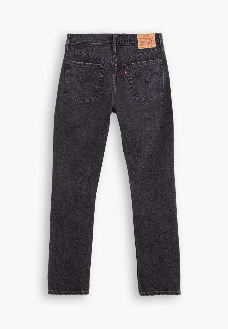 Schwarze Denim-Jeans mit geradem Bein, ausgestattet mit einem Lederetikett auf der Rückseite, zwei hinteren Taschen und markanten Stickereien.