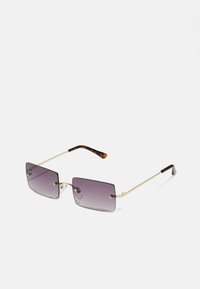 Rectangular sunglasses with gradient purple lenses, gold metal frames, and tortoiseshell patterned arms. Adjustable nose pads included.