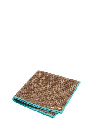 Pochette de costume pliée en marron avec un design noir à motifs et des bords turquoise, comportant un petit logo "Boggi" dans un coin.