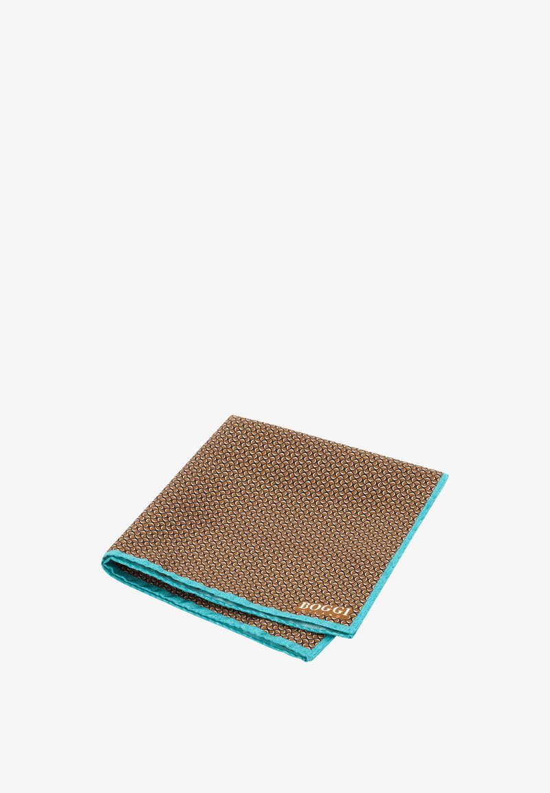 Złożona brązowa chusteczka do kieszeni z czarnym wzorem i turkusowymi brzegami, z małym logiem "Boggi" w jednym rogu.