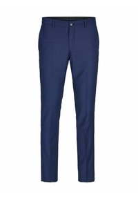 Marineblaue Hose aus strukturiertem Stoff, mit einem normalen Bund, einem einzelnen Knopfverschluss und flachem Vorderteil sowie seitlichen Taschen.