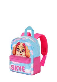 Sac à dos avec une combinaison de couleurs bleu et rose, ornée d'un design de chien de dessin animé sur le devant, fermeture éclair et bretelles en mesh.