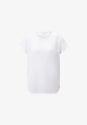 Witte t-shirt met korte mouwen, ronde halslijn en recht gesneden. Zachte stof en een klein logo op de schouder, heeft een relaxte pasvorm.