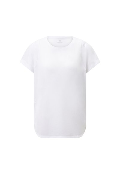 Hvid kortærmet t-shirt med rund halsudskæring og lige snit. Blødt stof og et lille logo på skulderen, har en afslappet pasform.