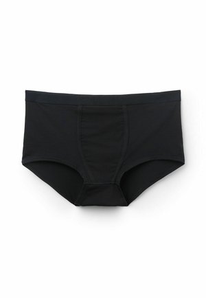 Slip da uomo nero con fascia in vita morbida e pannello anteriore sagomato, posato su uno sfondo bianco.