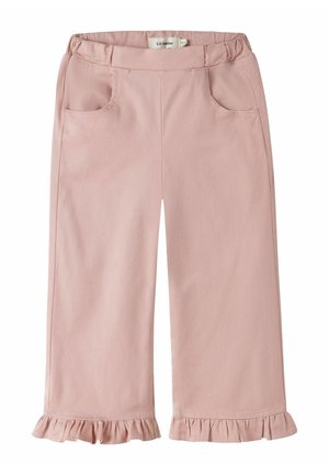 Lyserøde bukser til småbørn med elastisk talje, forlommer og flæsekant forneden på vide ben.