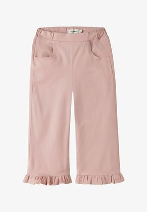 Rožnate hlače za malčke z elastičnim pasom, sprednjimi žepi in volančki na spodnjem delu širokih nogavic.