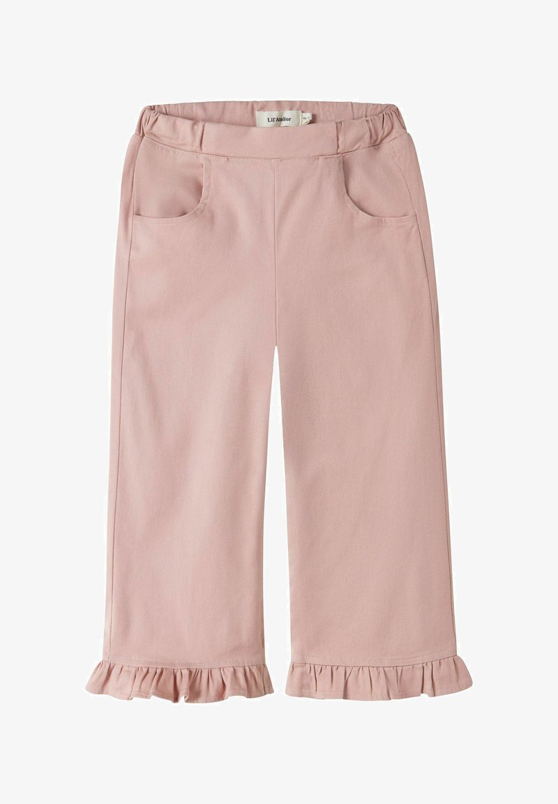 Rausvos spalvos mažylio kelnės su elastinga juosmens juosta, priekinėmis kišenėmis ir raukiniais platėjant kojų apačioje.