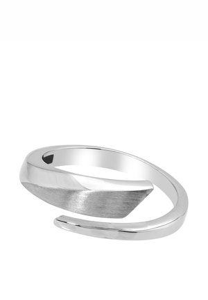 Silver ring featuring an open design with a textured, curved accent and a polished band. Smooth finish and modern geometric shape.