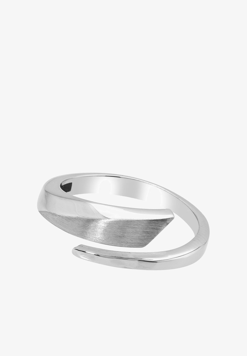 Silberner Ring mit einem offenen Design, einer strukturierten, geschwungenen Akzentuierung und einem polierten Band. Glatte Oberfläche und moderne geometrische Form.
