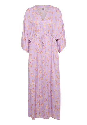 Largo vestido lila con escote en V, mangas cortas, cintura con cordón ajustable y un patrón floral en tonos amarillos, naranjas y rosas.