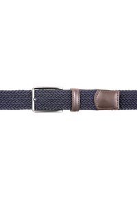 Gewebter navyblauer Gürtel mit silberner Metallschnalle, braunen Lederakzenten und einem strukturierten Muster für zusätzliche Details und Haltbarkeit.