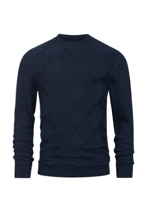 Marineblauwe gebreide trui met een gewatteerd patroon, ronde halslijn, geribde manchetten en zoom. De stof heeft een gladde textuur met een subtiele glans.