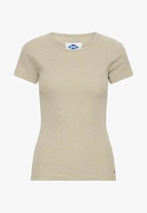 Beige Ripp-T-Shirt mit rundem Halsausschnitt und kurzen Ärmeln. Mit einem kleinen Logotag auf der unteren linken Seite. Weicher, taillierter Schnitt.