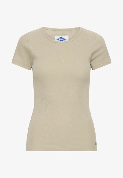 Beige žebrované tričko s kulatým krkem a krátkými rukávy. Obsahuje malou logo cedulku na dolní levé straně. Měkký, přiléhavý design.