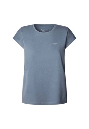 Rundhals-T-Shirt mit kurzen Ärmeln aus weichem blauen Baumwollstoff. Verfügt über ein kleines weißes Logo auf der Brust und hat einen lockeren Schnitt mit geradem Saum.