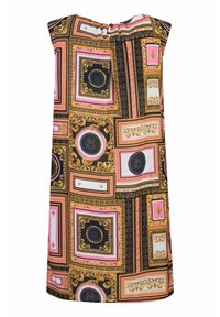 Ärmelloses Kleid mit einem auffälligen, mehrfarbigen Muster mit goldenen Akzenten, gerahmten Bereichen und unterschiedlichen Designs auf schwarzem Hintergrund.