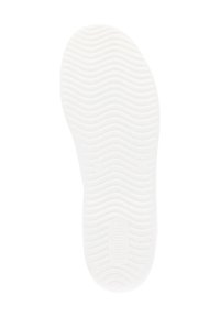 Semelle de chaussure en caoutchouc blanc présentant un motif en vagues, une texture lisse et un détail de logo au centre. Surface uniforme avec de légères variations de design.