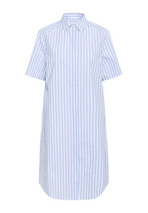 Rochie cămașă cu mânecă scurtă, în dungi albastre și albe, cu închidere cu nasturi, guler, croială dreaptă și tiv rotunjit. Fabricată din bumbac.