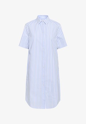 Rochie cămașă cu mânecă scurtă, în dungi albastre și albe, cu închidere cu nasturi, guler, croială dreaptă și tiv rotunjit. Fabricată din bumbac.